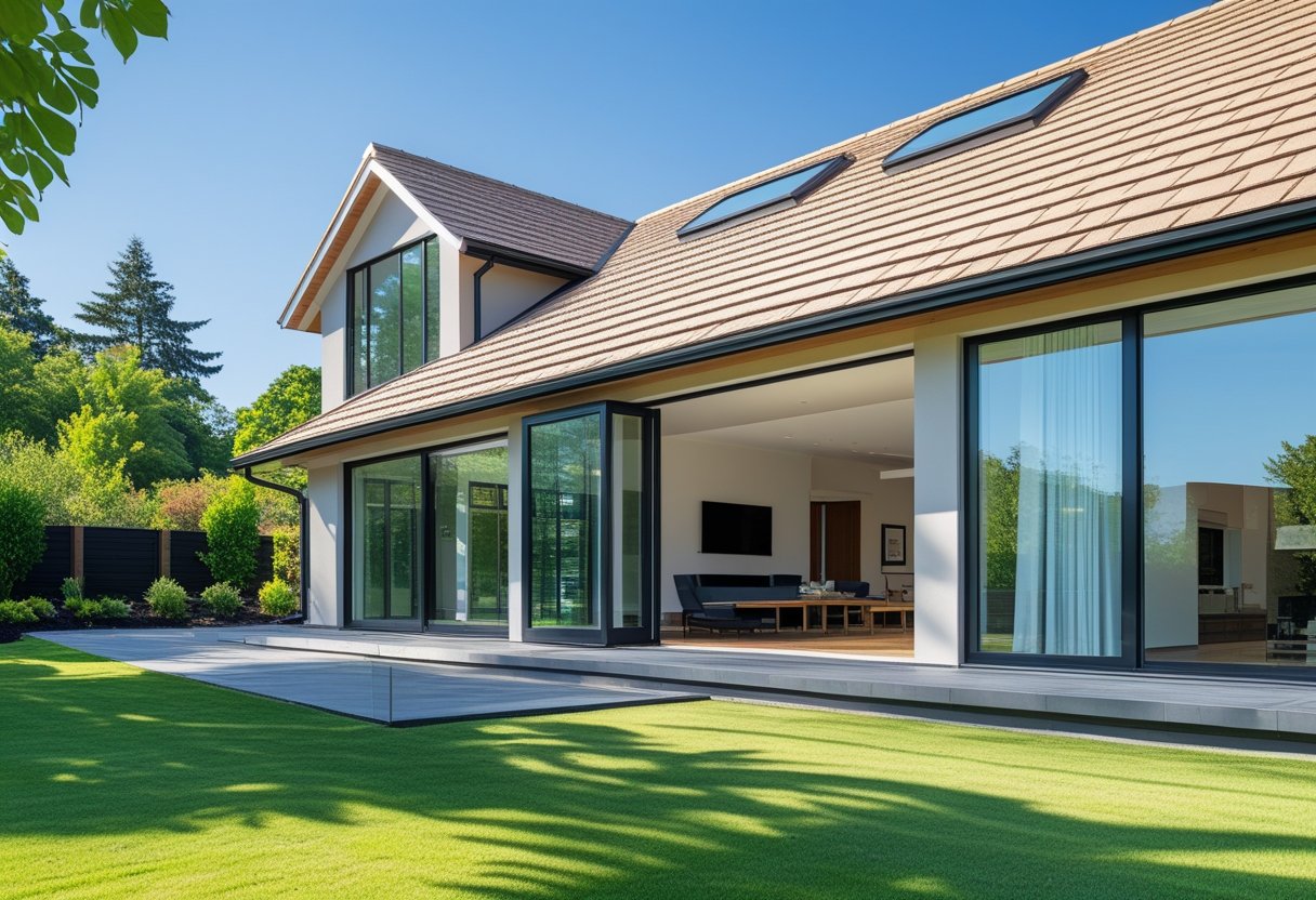 Exterior view of a modern house showing different types of windows and a neatly shingled roof under clear blue sky.