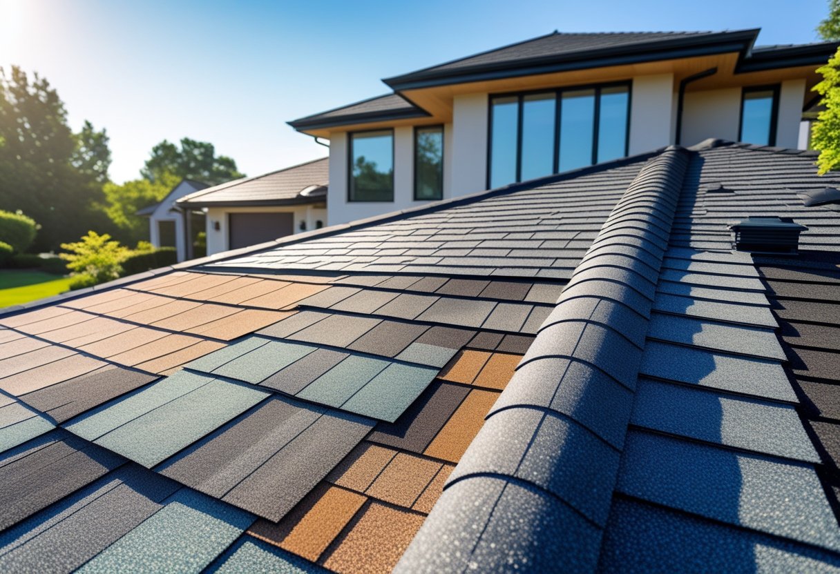 A modern house with a newly installed roof showing different types of roof shingles and large contemporary windows.