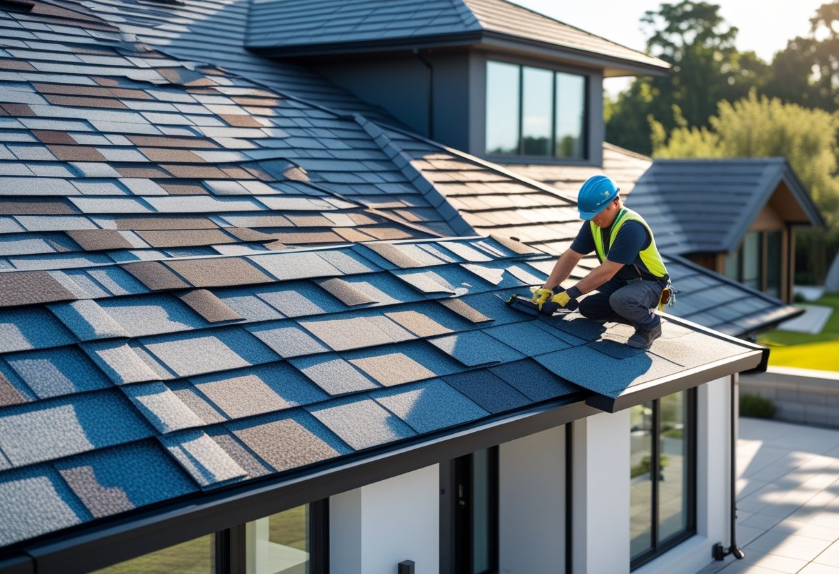 A roofer installing specialty roof shingles on a modern house with large windows during daytime.