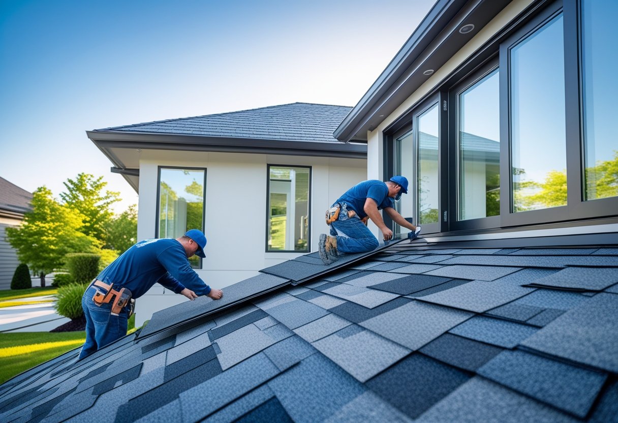 Workers installing modern windows and roof shingles on a residential home under clear sky.