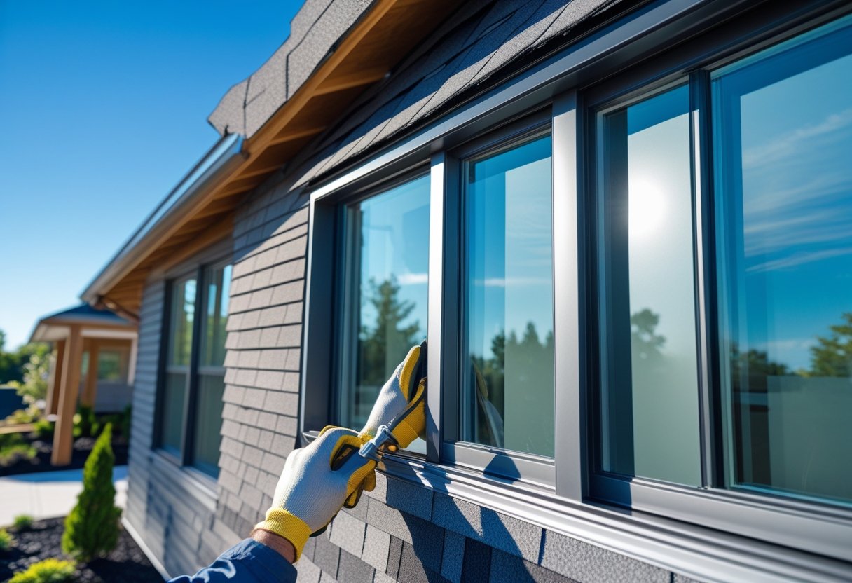 A worker inspecting and installing modern windows and roof shingles on a residential home exterior under clear daylight.