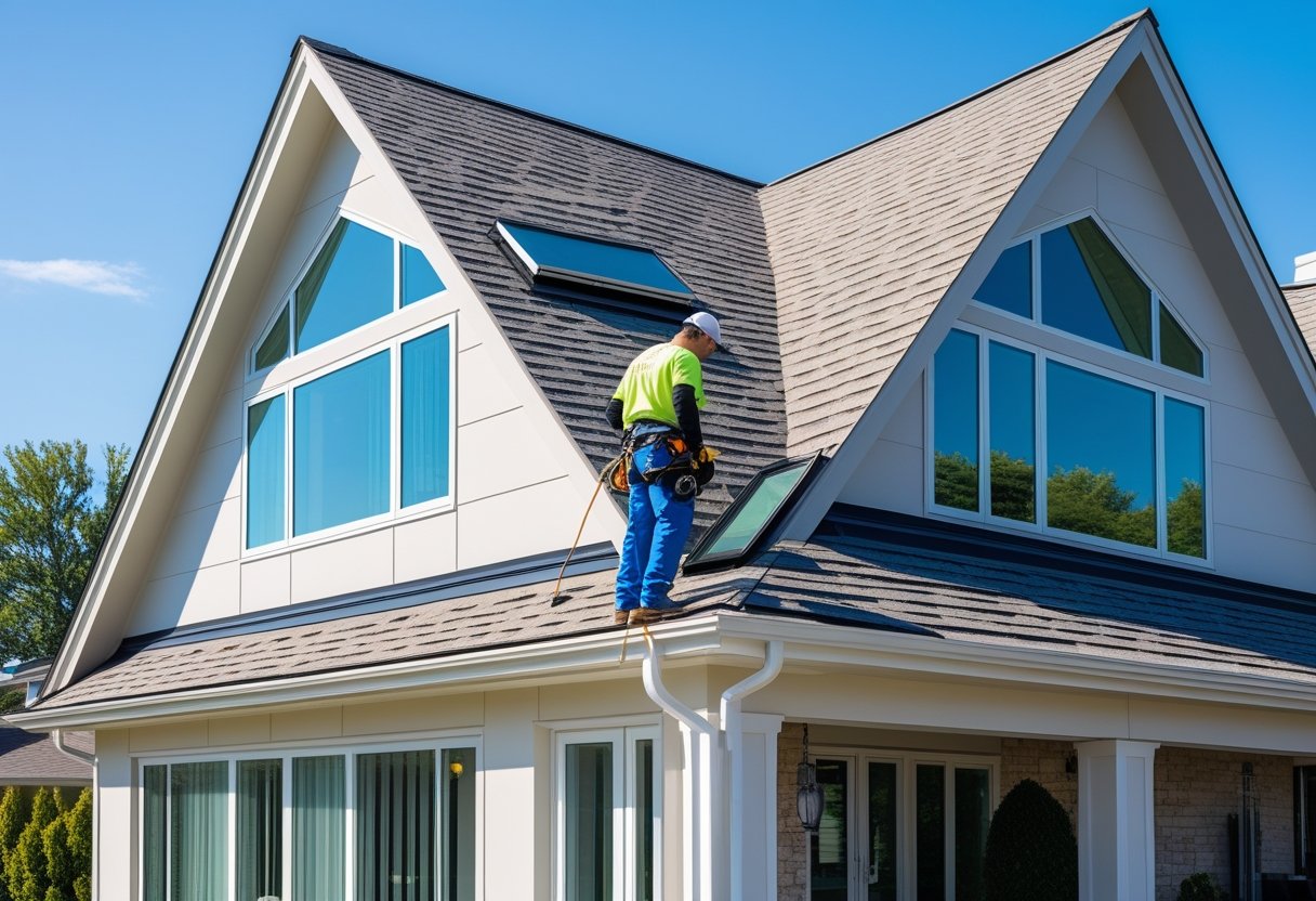 A modern house with large windows and a newly shingled roof, with a roofer inspecting the roof under a clear sky.