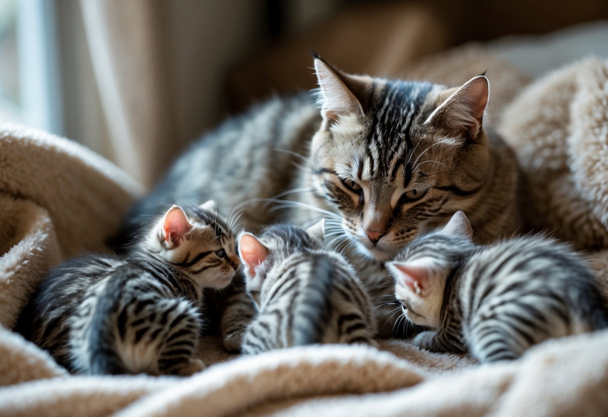 Mama katė maitina kelis mažus kačiukus ant minkšto pledo viduje.