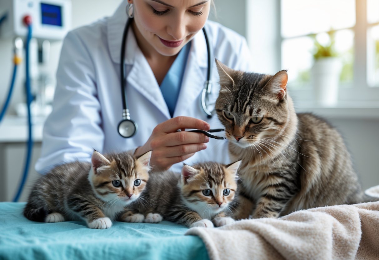 Veterinaras apžiūri katę ir jos kačiukus švarioje veterinarijos klinikoje.