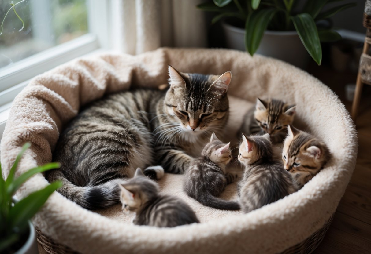 Katė-mama guli ant minkšto pledo kartu su keliais mažais kačiukais jaukiame namų aplinkoje.
