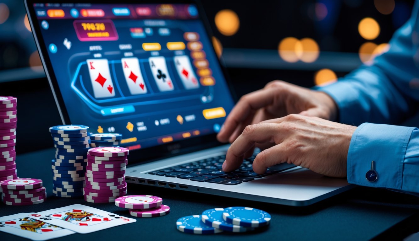 Seseorang bermain poker online di laptop dengan tumpukan chip poker di sampingnya di meja kerja modern.
