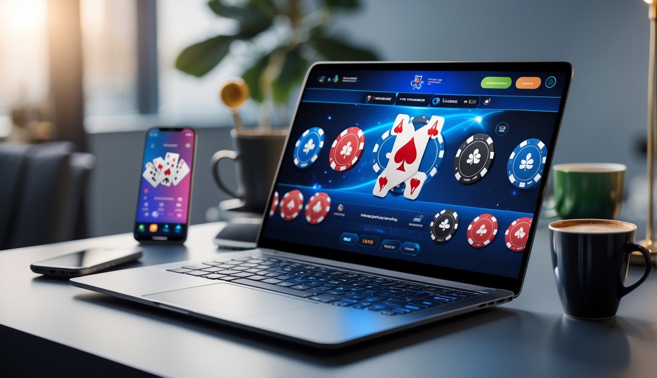 Seorang pria menggunakan laptop di meja kerja dengan tampilan permainan poker online di layar.