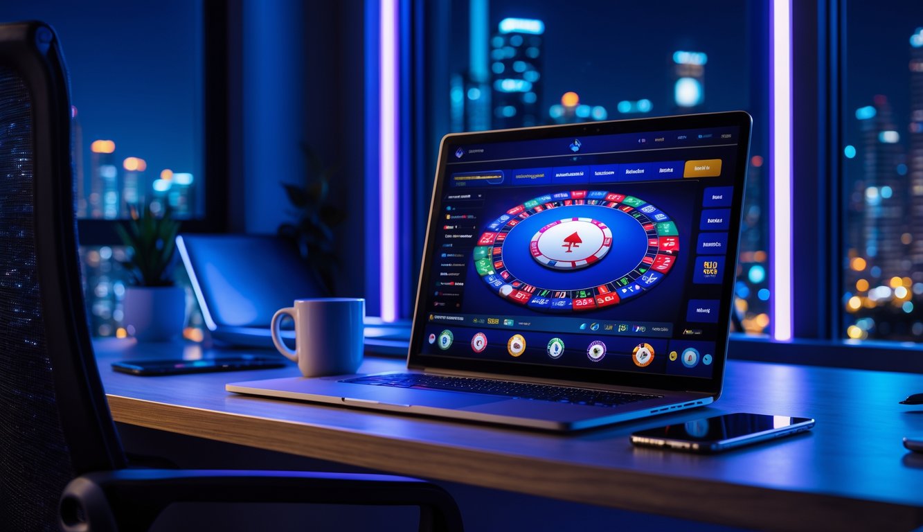 Seorang pria duduk di depan laptop di ruang kerja rumah dengan lampu lembut, bermain poker online pada malam hari.