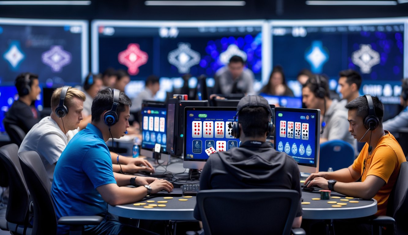 Beberapa pemain poker online sedang fokus bermain di depan komputer dengan layar yang menampilkan kartu dan chip poker.
