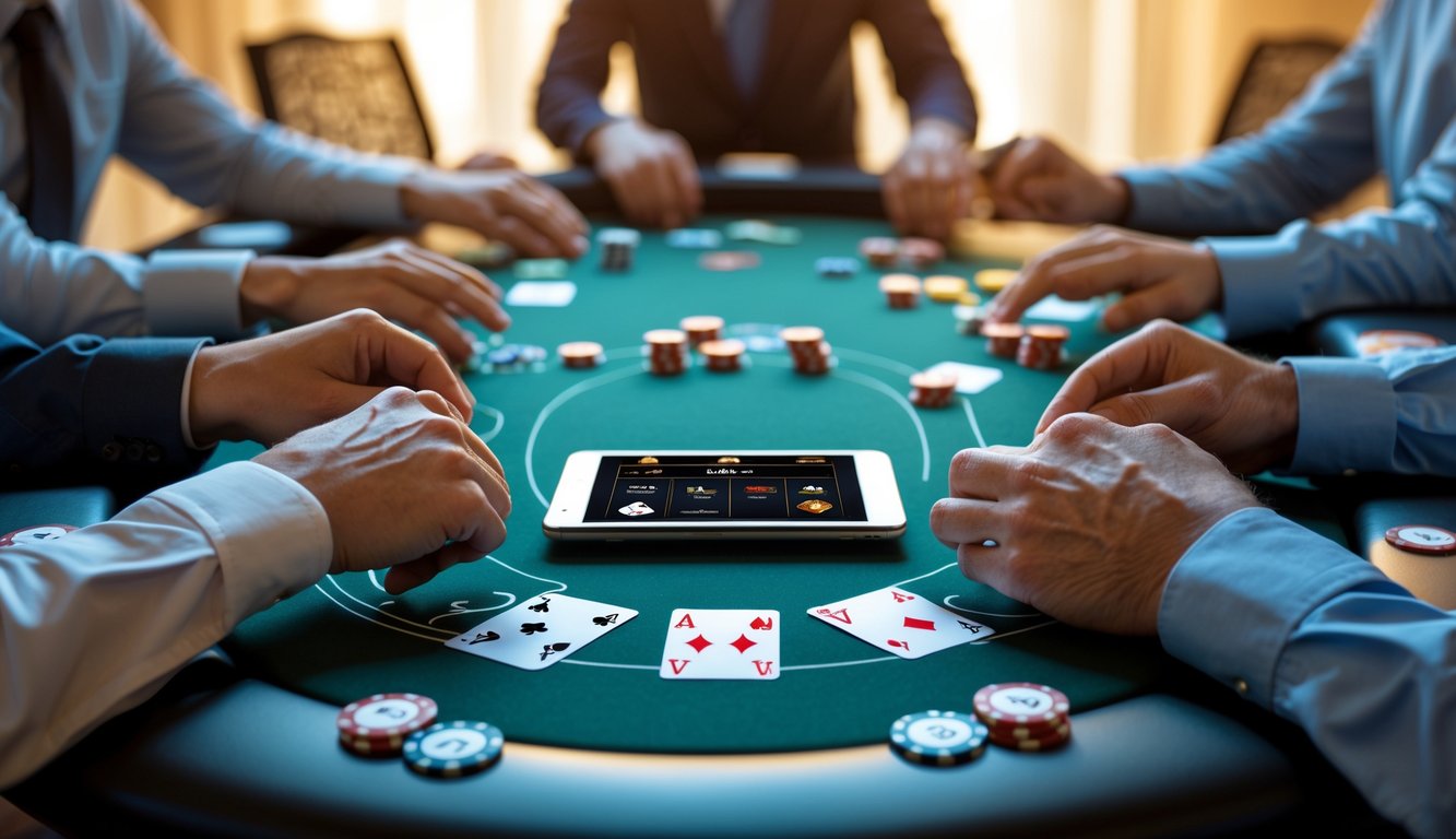 Meja poker modern dengan chip dan kartu, pemain sedang bermain poker online.