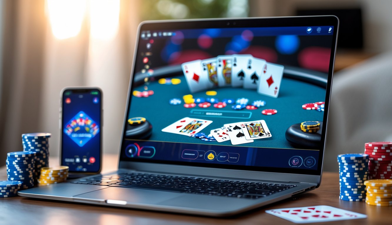 Sebuah laptop dan smartphone menampilkan permainan poker online dengan kartu dan chip poker di sekitarnya di sebuah ruangan dalam yang nyaman.