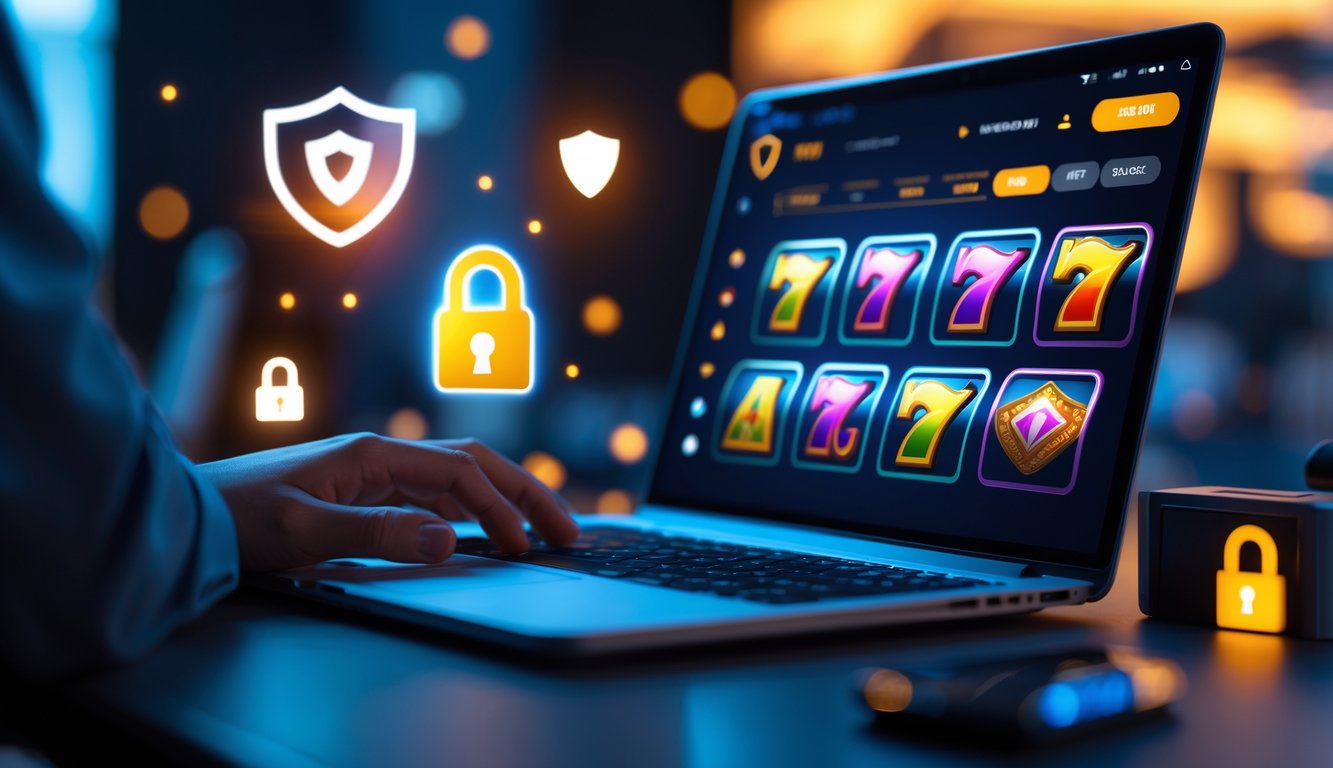 Seseorang menggunakan laptop dengan permainan slot online di layar dalam suasana kerja yang modern dan nyaman.