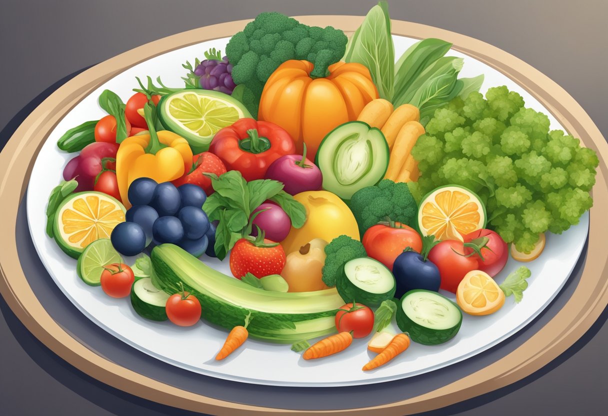A digital illustration of a large plate of fruit and vegetables and fruit