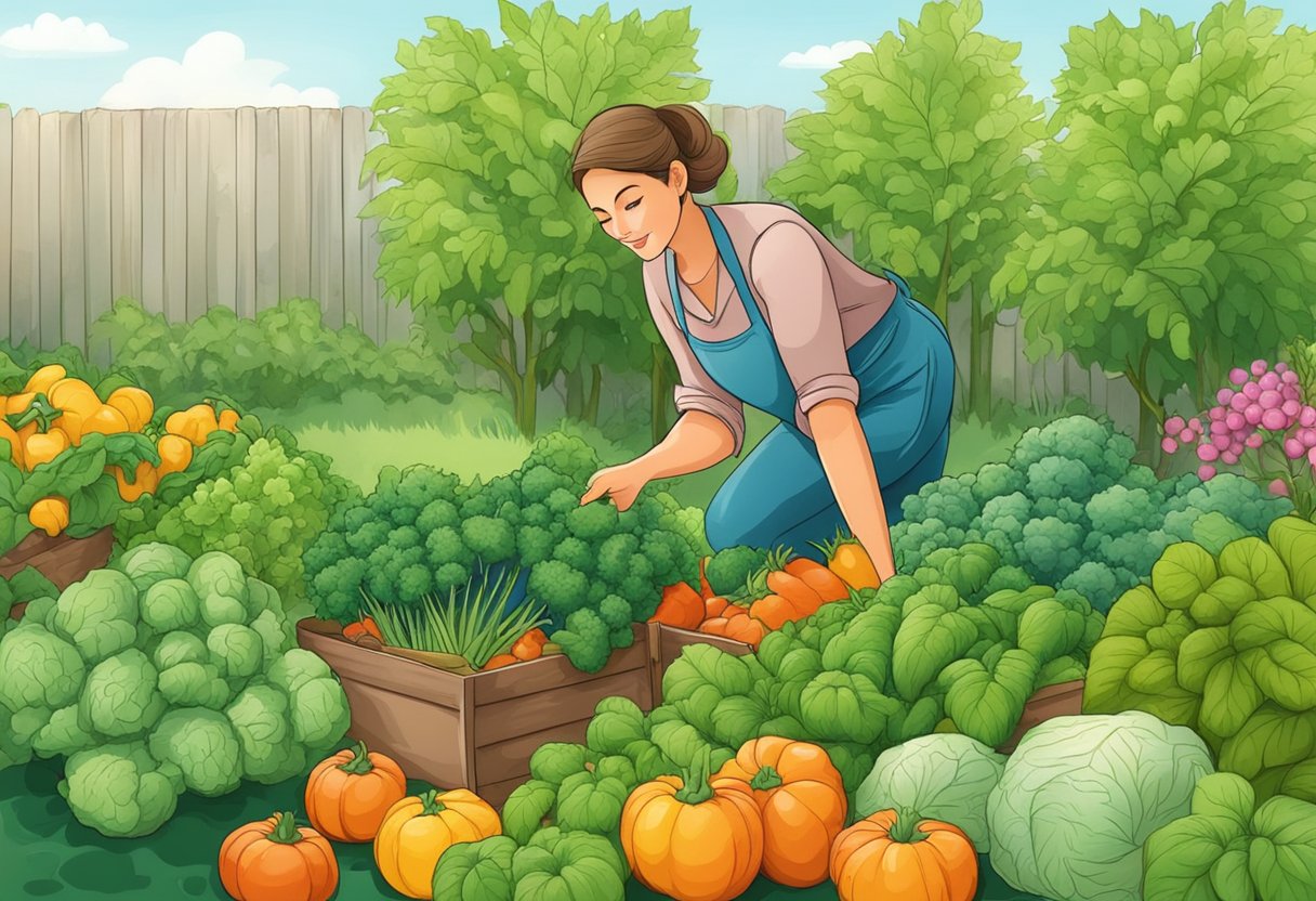 A digital illustration of a lady gathering a bounty of vegetables in her garden