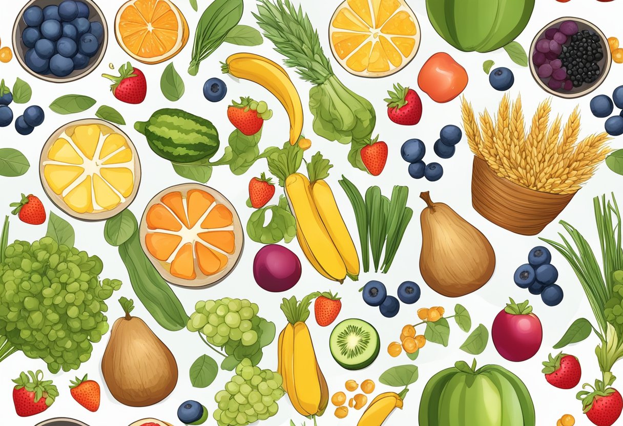 A digital illustration of a fruit, vegetable, grains collage on a white background.