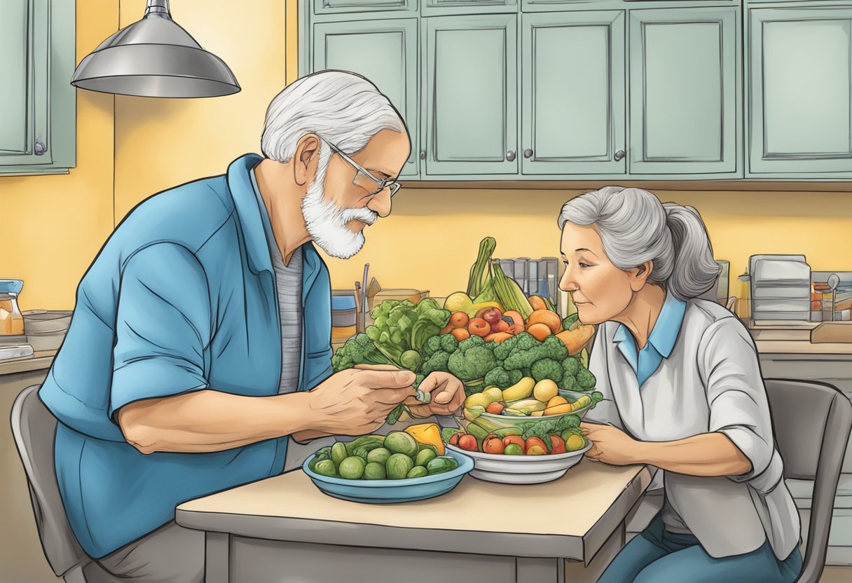 A digital interpretation of a happy, older couple cleaning their garden bounty.