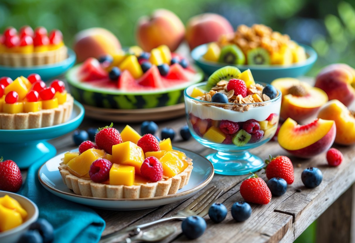 An assortment of summer fruit desserts on a wooden table, including fruit tarts, mixed fruit salad, and layered parfaits with fresh summer fruits around them.