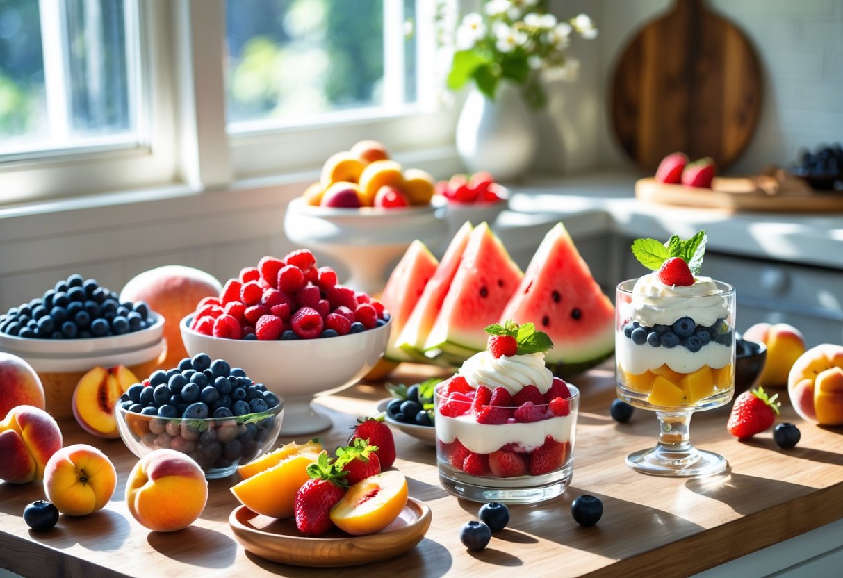 A table with various summer fruit desserts and fresh fruits arranged in a bright kitchen setting.