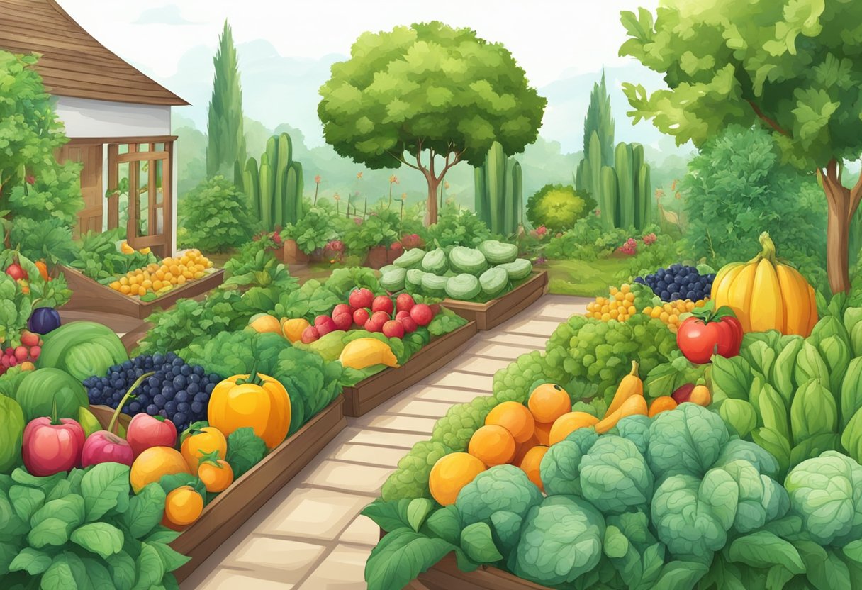 A digital illustration of a home and its bountiful garden.