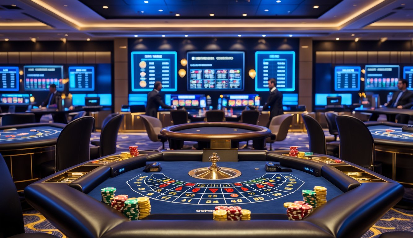 Suasana kasino online langsung dengan meja permainan dan dealer profesional sedang melayani pemain.