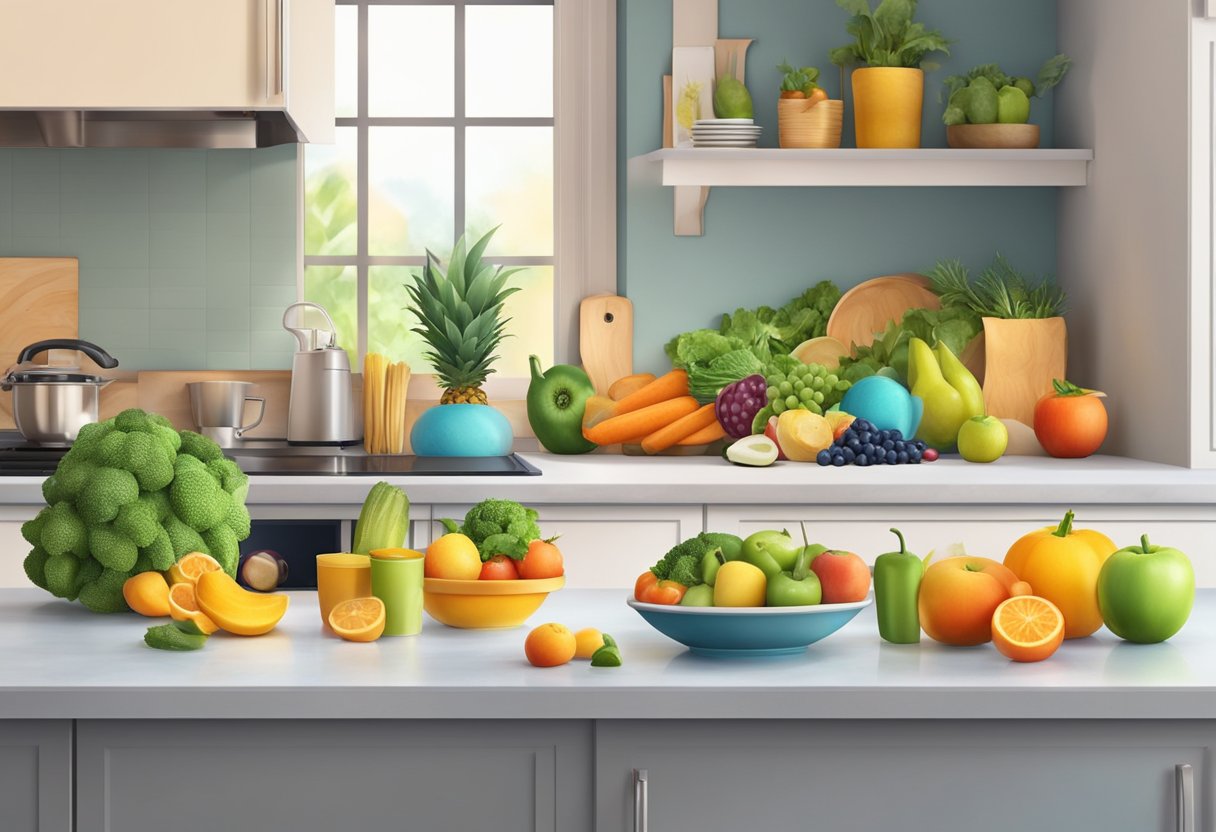 A realistic digital illustration of a kitchen full of fruits and vegetables.