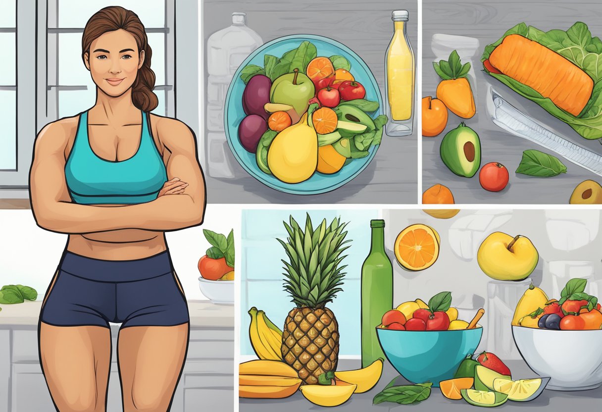 A digital illustration of a fit, confident woman with and over view of her diet of fruits and vegetables.