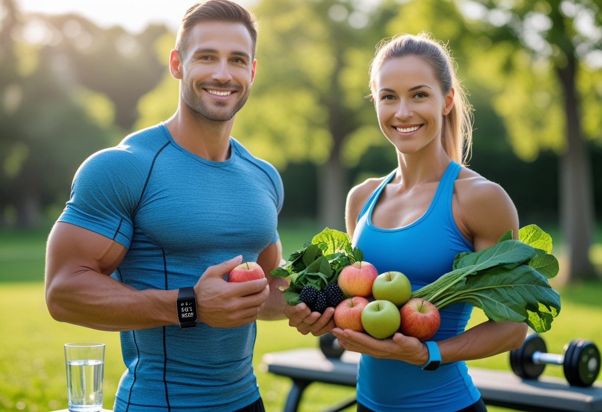 A fit man and woman outdoors holding fresh fruits and vegetables, smiling and promoting healthy lifestyle.