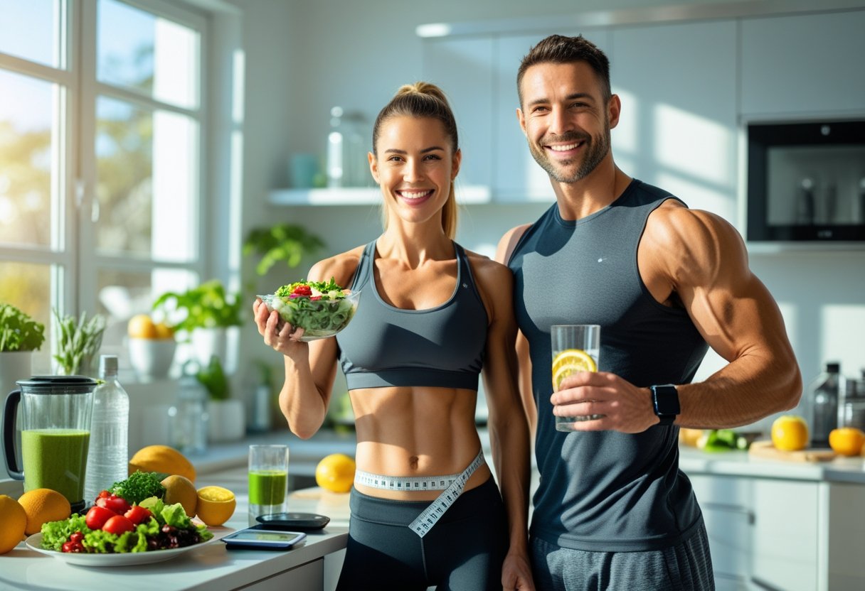 A fit man and woman in a bright kitchen with fresh fruits and vegetables, holding healthy food and drinks, surrounded by items for tracking health progress.