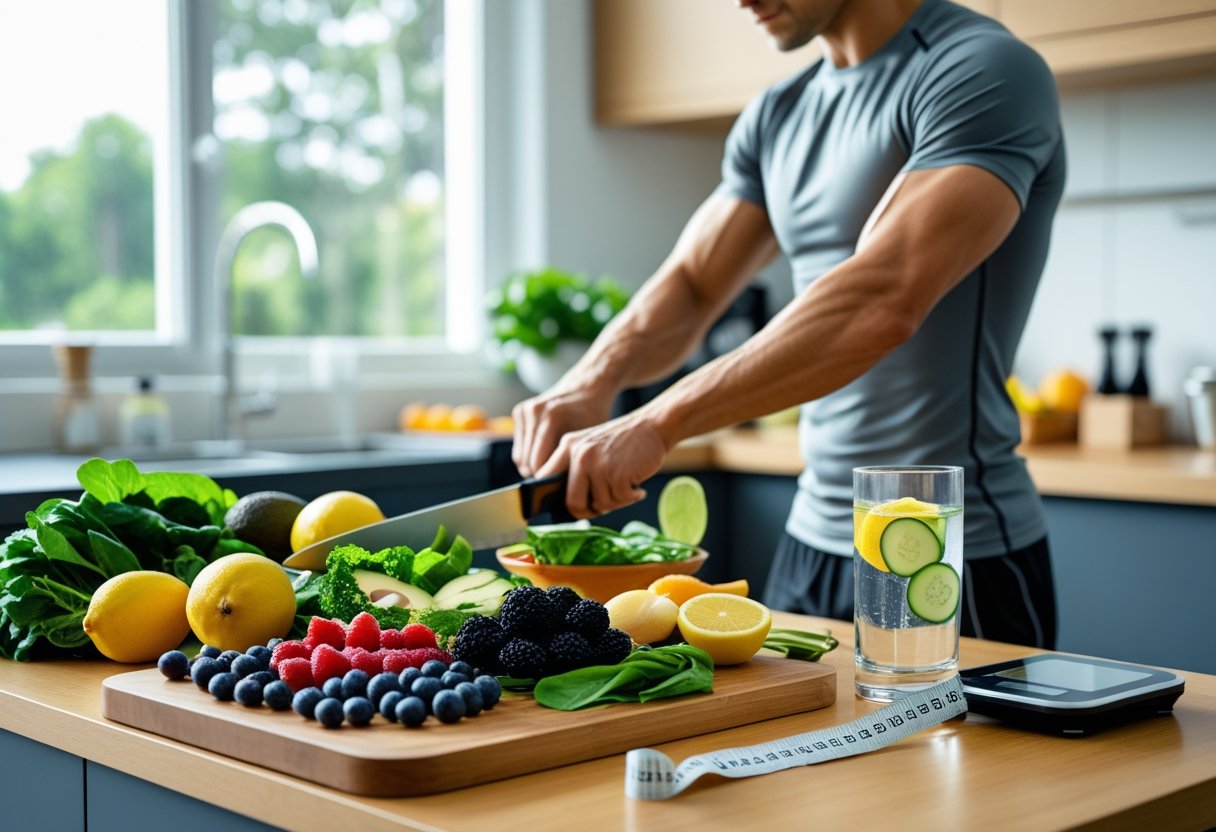 A person preparing a healthy meal in a bright kitchen with fresh fruits, vegetables, a glass of infused water, a food scale, and a measuring tape on the countertop.