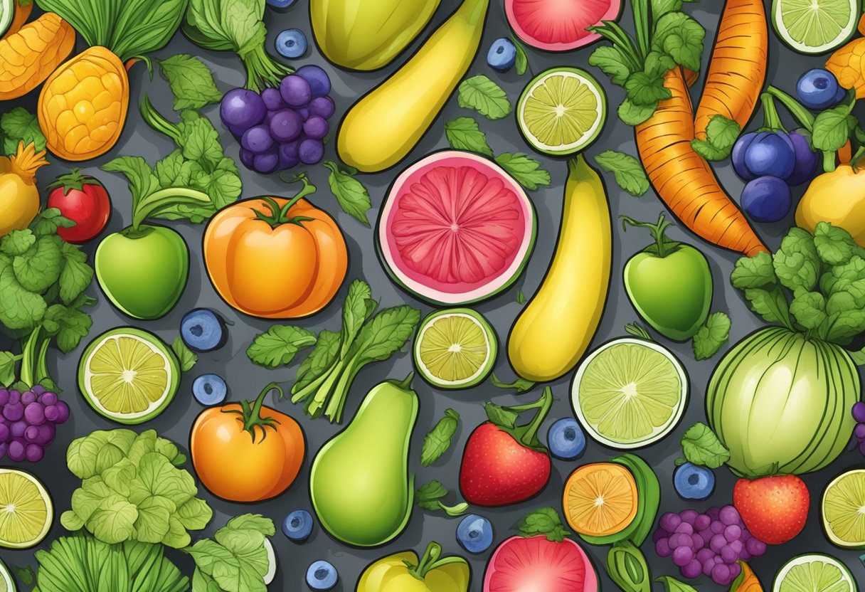 A digital illustration collage of fruits and vegetables with a gray background