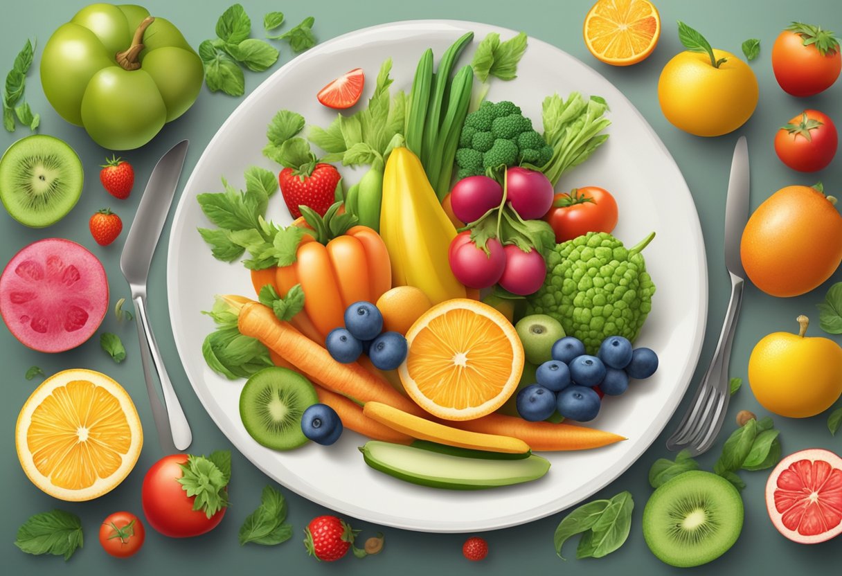 A digital illustration of a dinner plate, full of fruits and vegetables, with more fruits and vegetables surrounding the plate