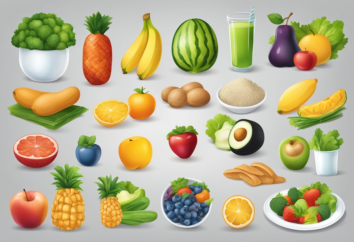 A digital illustration of different fruits and vegetables displayed in a grid pattern