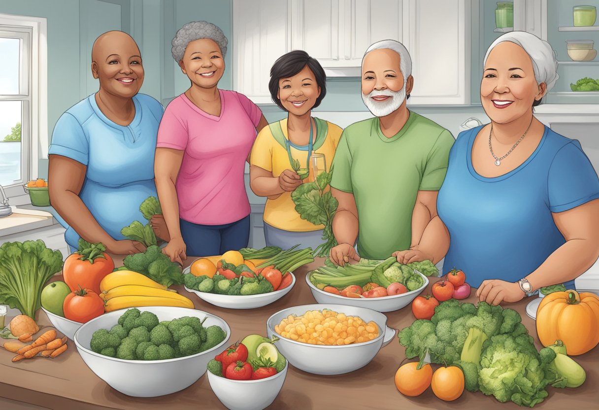 A digital illustration of a family preparing a family meal of fruits and vegetables.