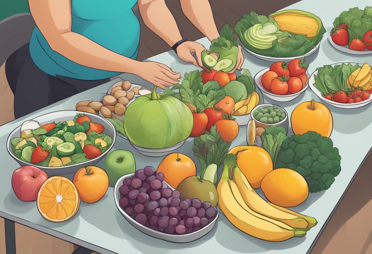 A digital illustration of preparing a dinner of fresh fruits and vegetables