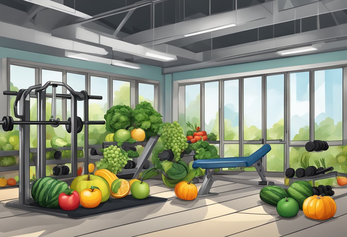 A digitally-rendered gym scene adorned with an artistic arrangement of fresh fruits and vibrant vegetables.