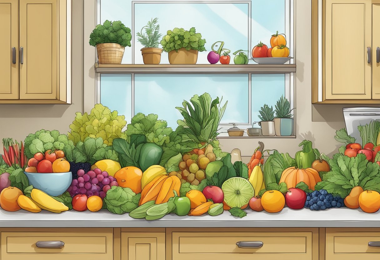 A Digital illustration of a kitchen counter top, filled with fruits and vegetables and natural sunlight