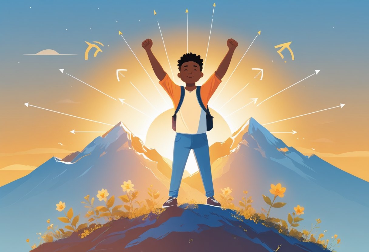 A person standing on a mountain peak at sunrise with arms raised, surrounded by symbols of growth and light.