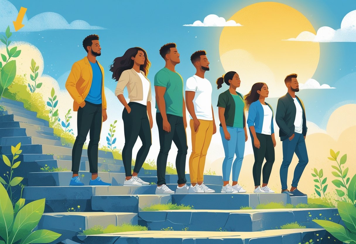 A group of diverse people standing confidently on ascending steps with a bright rising sun in the background, surrounded by blooming plants and upward arrows symbolizing growth and motivation.