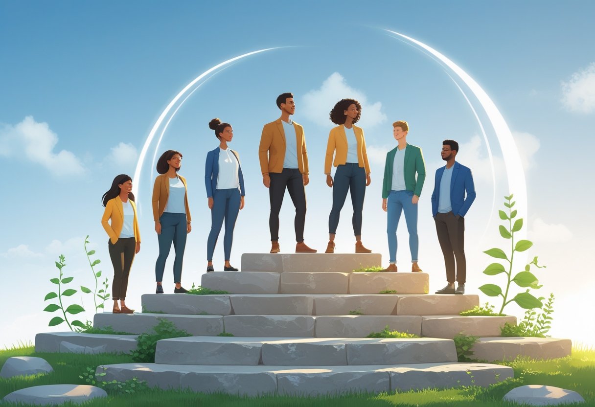 A group of diverse people standing confidently on ascending stone steps outdoors, surrounded by green plants and sunlight, symbolizing personal growth and motivation.