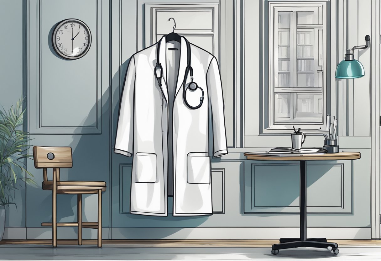 A digital illustration of a wall in a doctors office with a table and chair and a lab coat and stethoscope hanging.