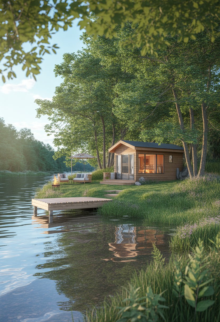 A wooden cabin by a calm river surrounded by green trees and grass with a small dock and outdoor seating.