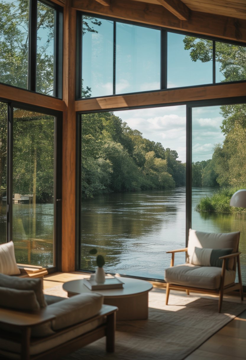 A riverside cabin with large windows overlooking a calm river and green trees, with natural light filling the interior.