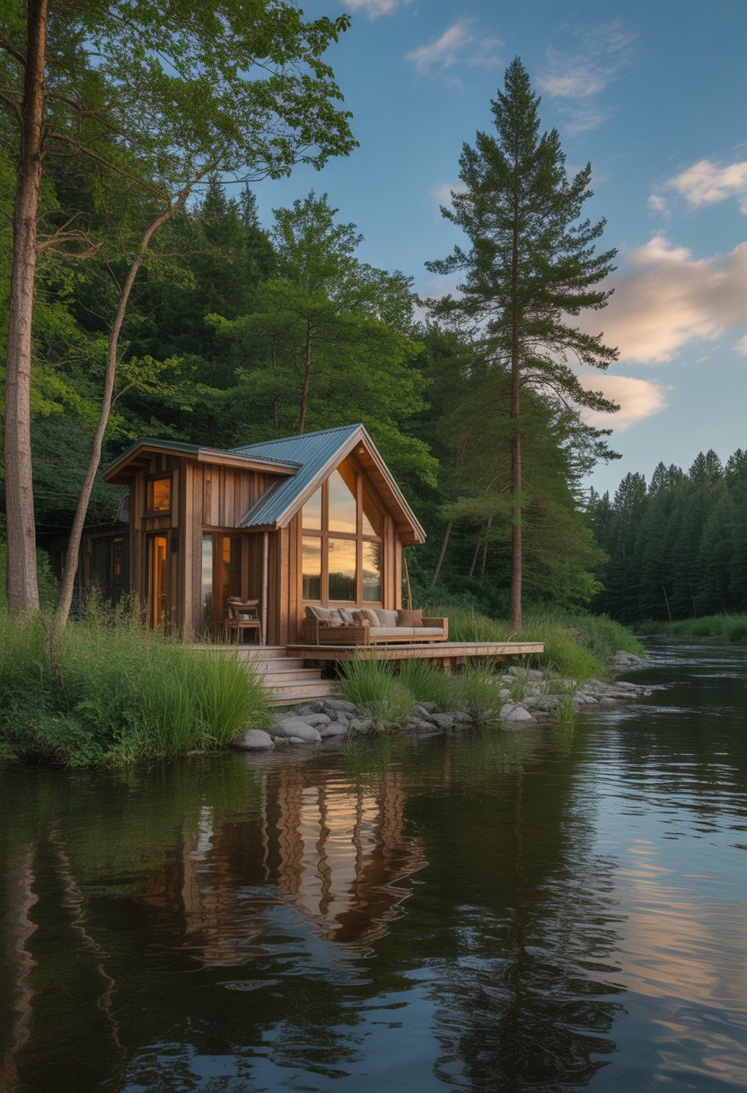 A cabin made of natural wood sits by a calm river surrounded by trees and plants.