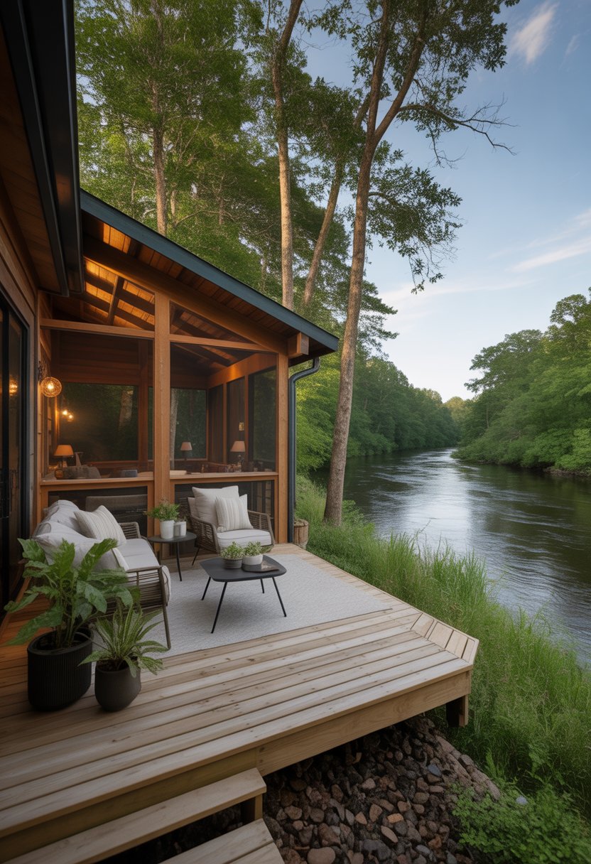A screened porch with outdoor seating facing a calm river surrounded by trees and greenery.