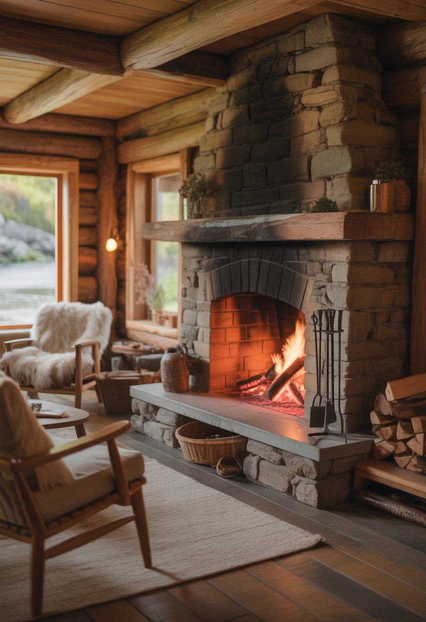 Interior of a cabin with a stone fireplace as the focal point, surrounded by wooden furniture and warm natural light.