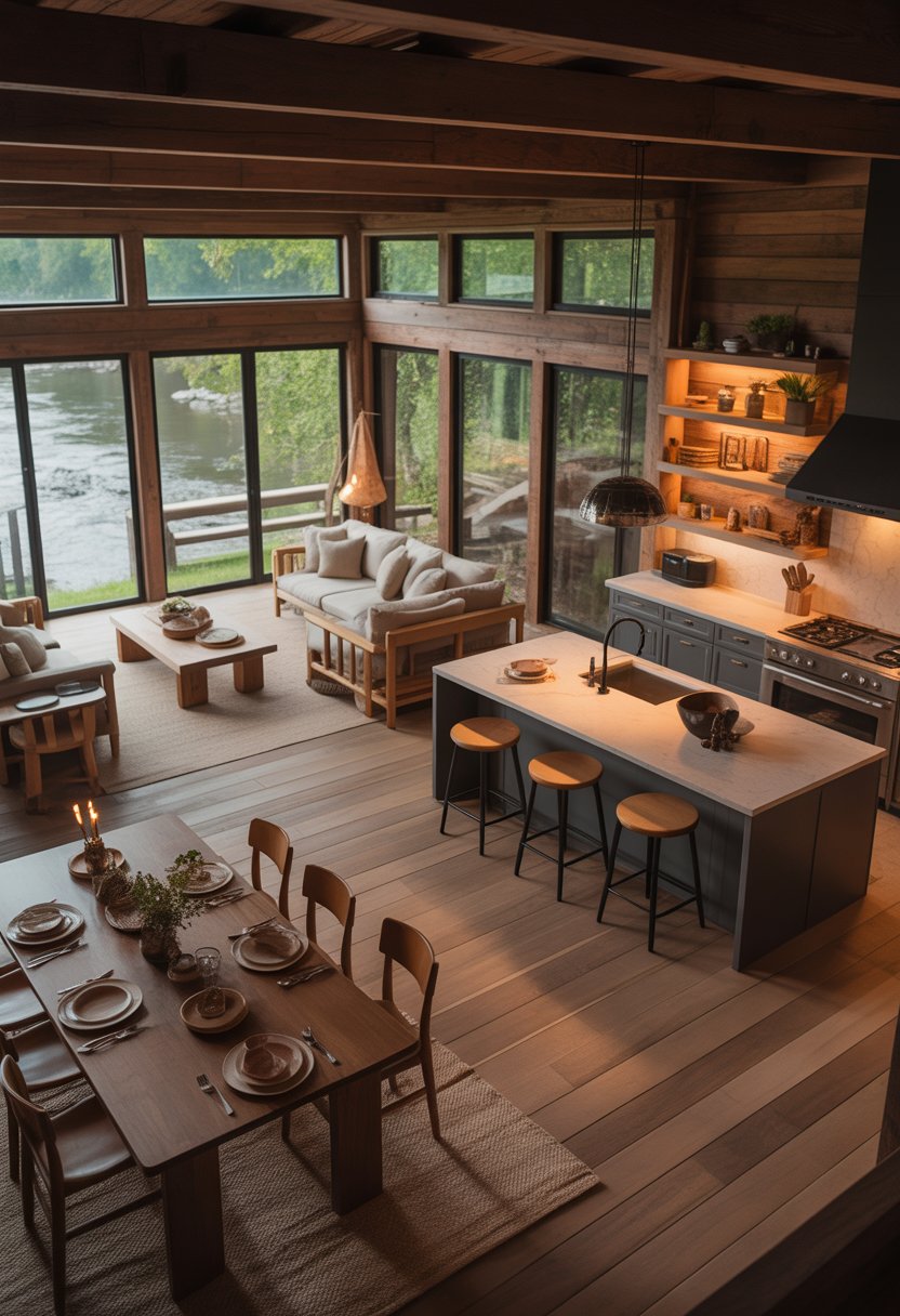 Open floor plan interior of a riverside cabin showing living, dining, and kitchen areas connected with large windows overlooking a river.
