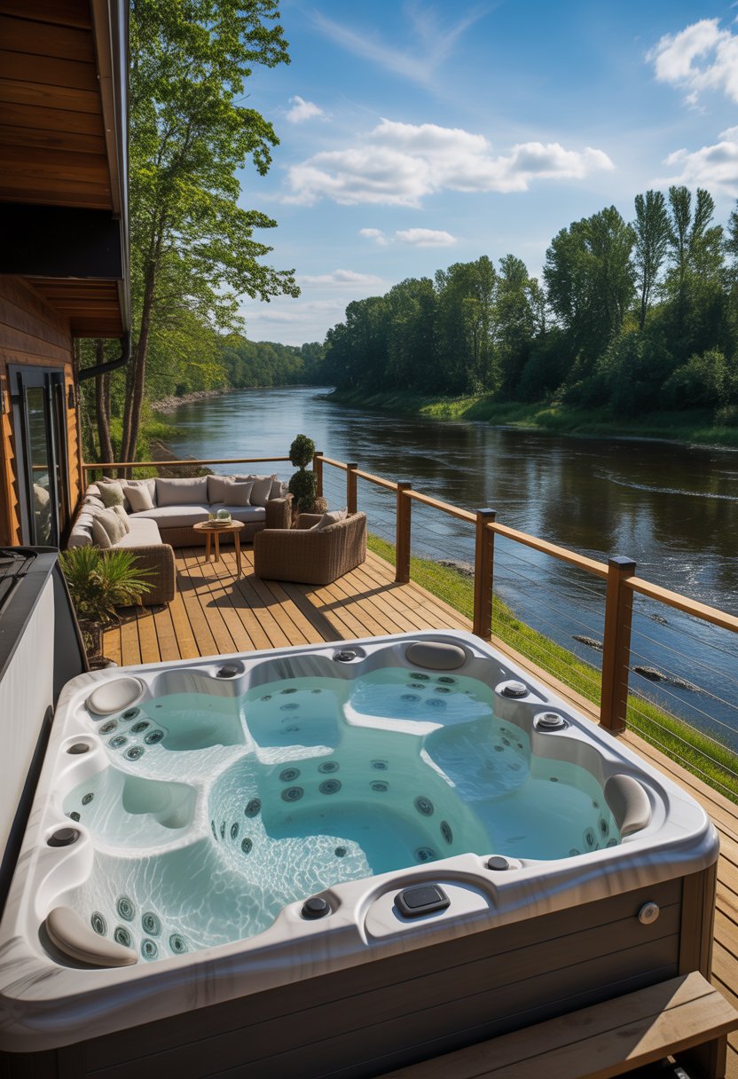 A riverside cabin deck with a hot tub overlooking a calm river surrounded by green trees.