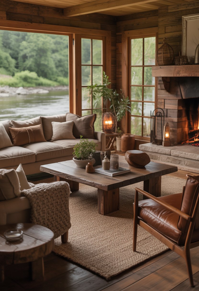 A cozy living room inside a cabin with a sofa, armchairs, a coffee table, a fireplace, and large windows showing a river and trees outside.