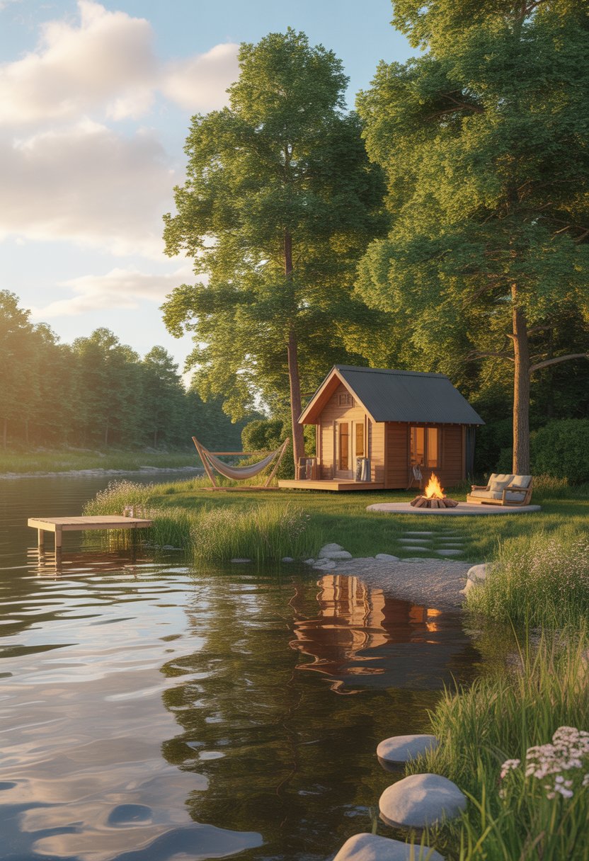 A cozy wooden cabin by a calm river surrounded by trees and greenery with a hammock and campfire nearby under a clear sky.