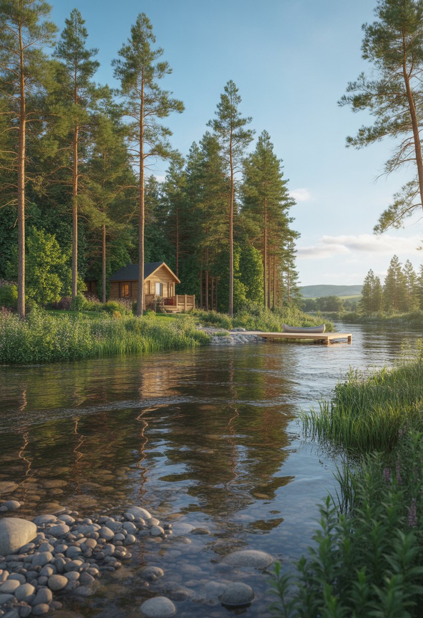 A wooden cabin by a calm river surrounded by trees and greenery with a small dock and canoe.